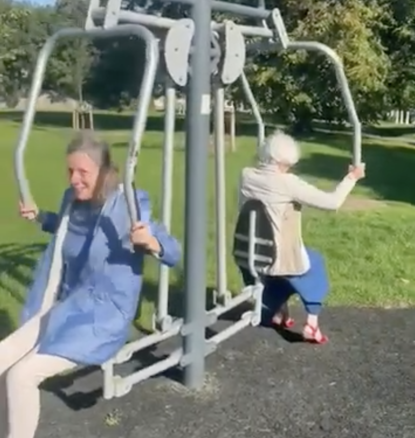 Residents of Blackbrook House Residential Care Home enjoy some outdoor fitness equipment