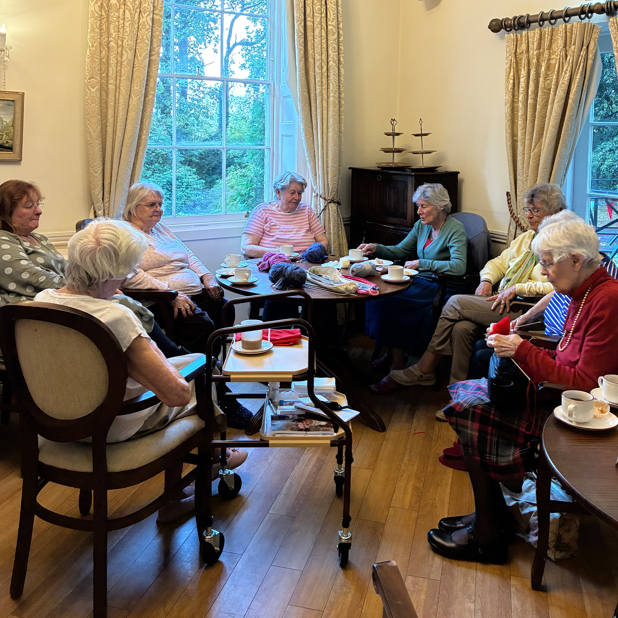 A group of ladies at Blackbrook House Care Home knitting and talking together in a high ceilinged Georgian room