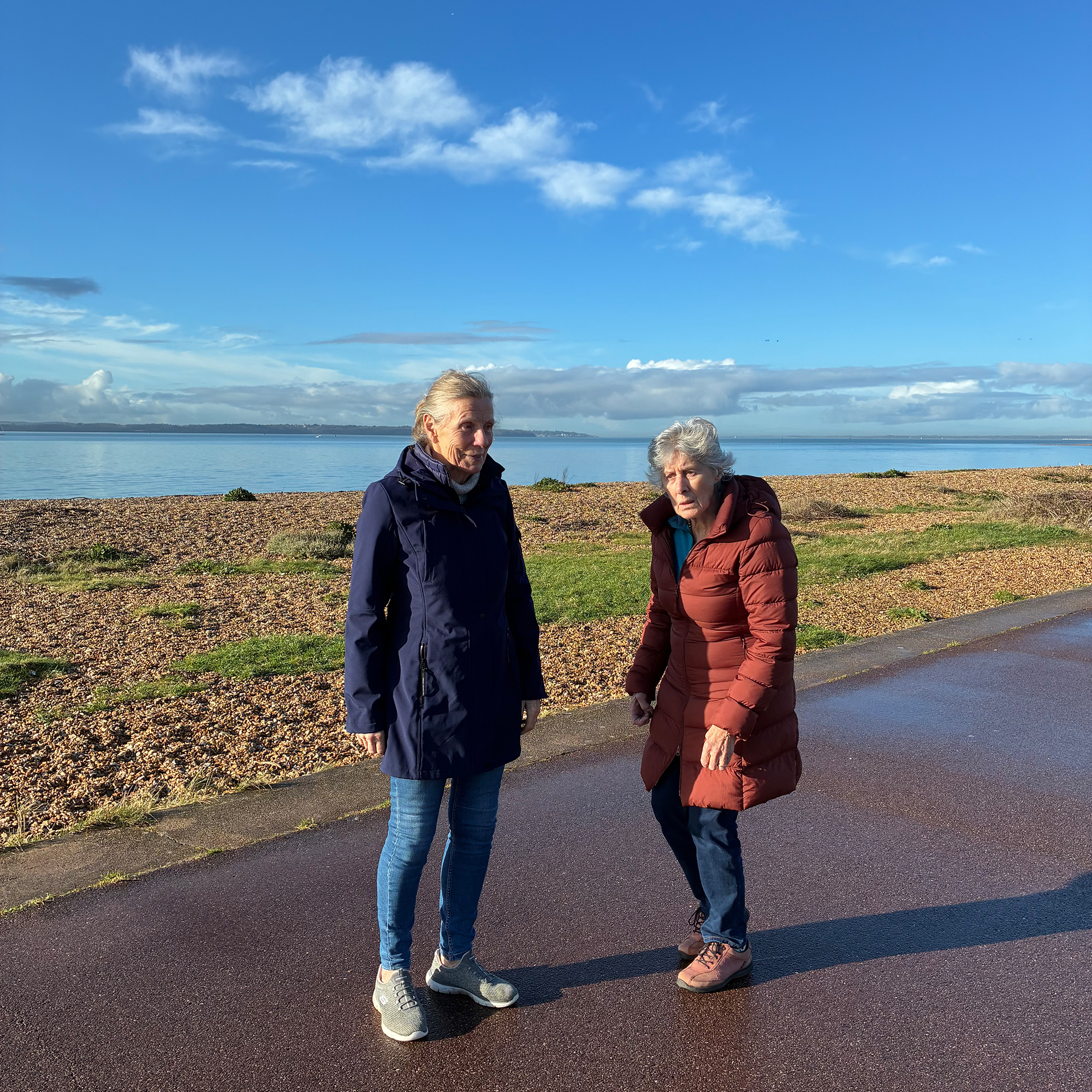 Two Blackbrrok House residents enjoying January walk overlooking the Isle of Wight