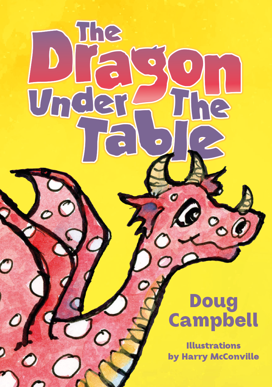 A smiling spotted red dragon  gazes out of the cover of Doug Campbell's book.